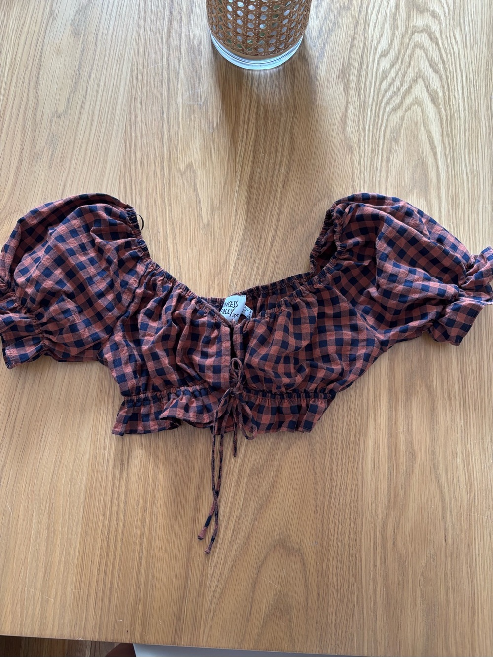 Princess Polly Rust Black Gingham Puff-Sleeve Crop Top